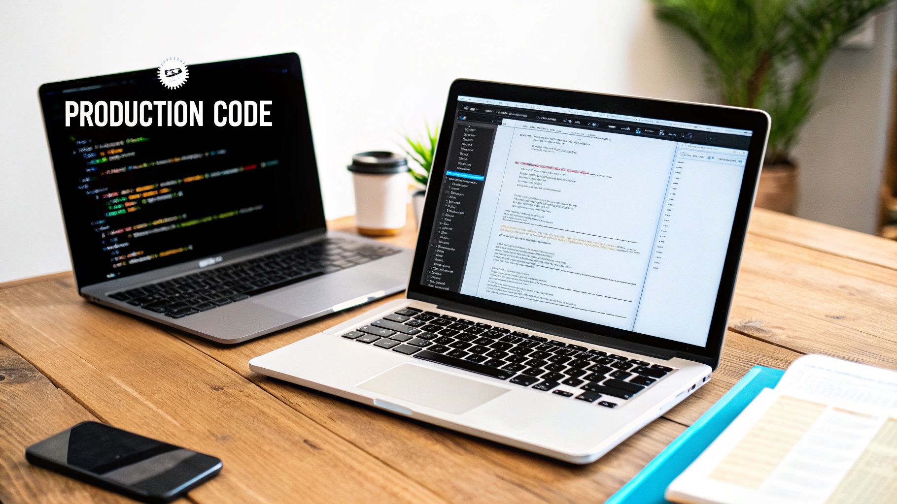 Two laptops on a wooden desk, one displaying 'PRODUCTION CODE' and programming, the other an IDE.