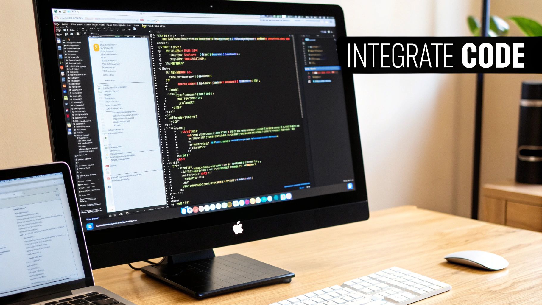 A coding workspace featuring an iMac displaying complex code and a laptop, illustrating code integration.