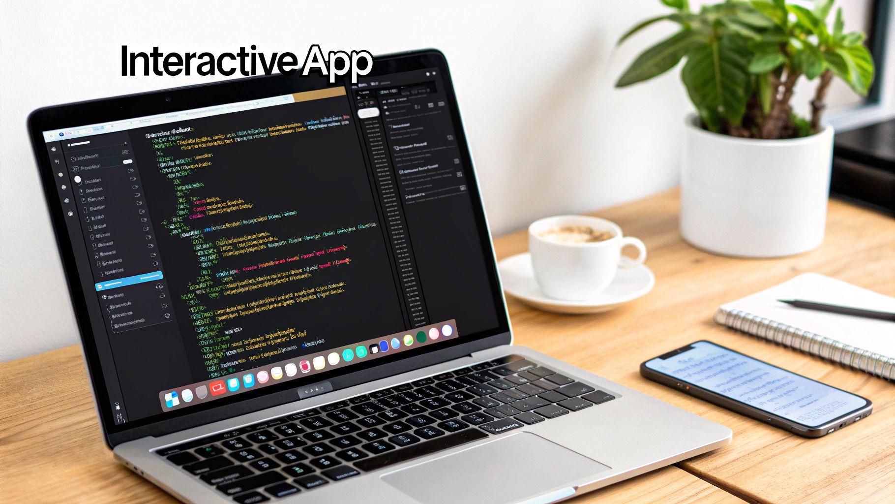 Laptop displaying code for an interactive app, with a smartphone, coffee, and plant on a wooden desk.