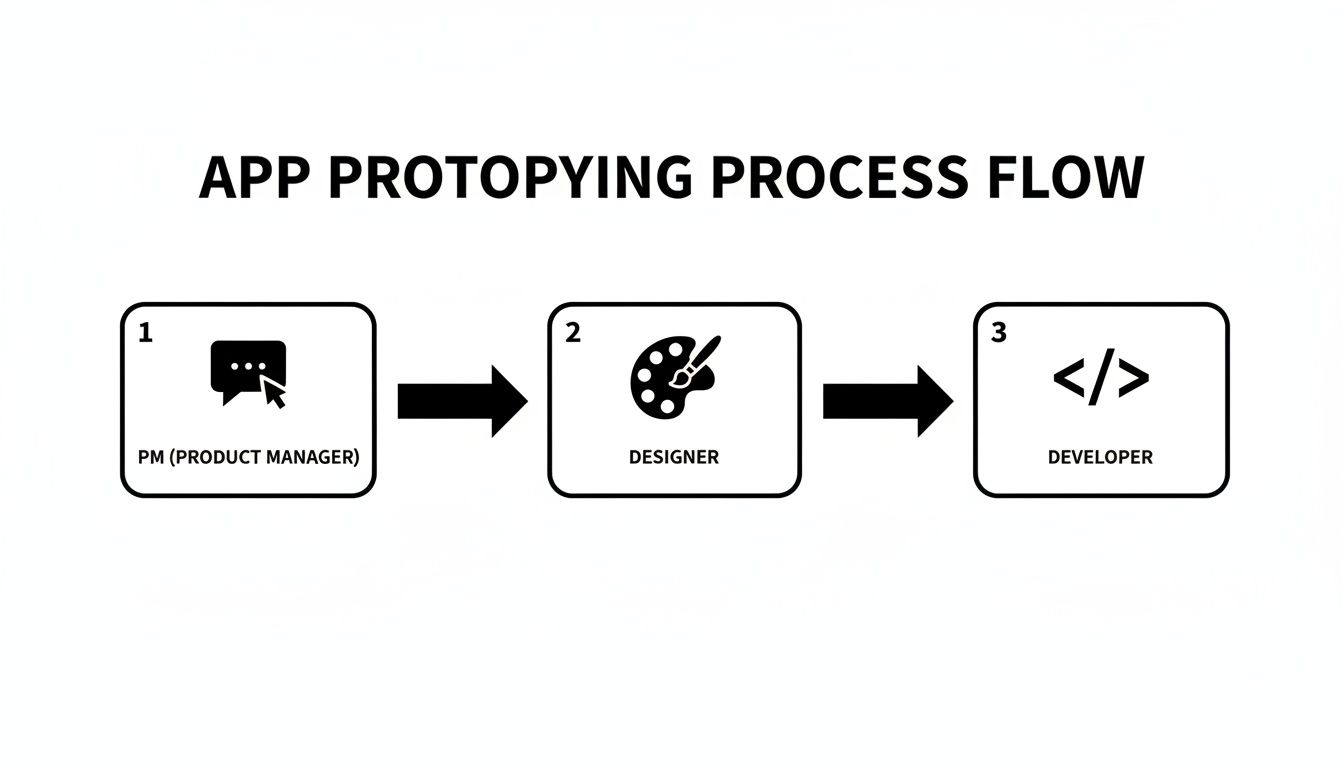 A flowchart illustrates the app prototyping process with steps for Product Manager, Designer, and Developer.