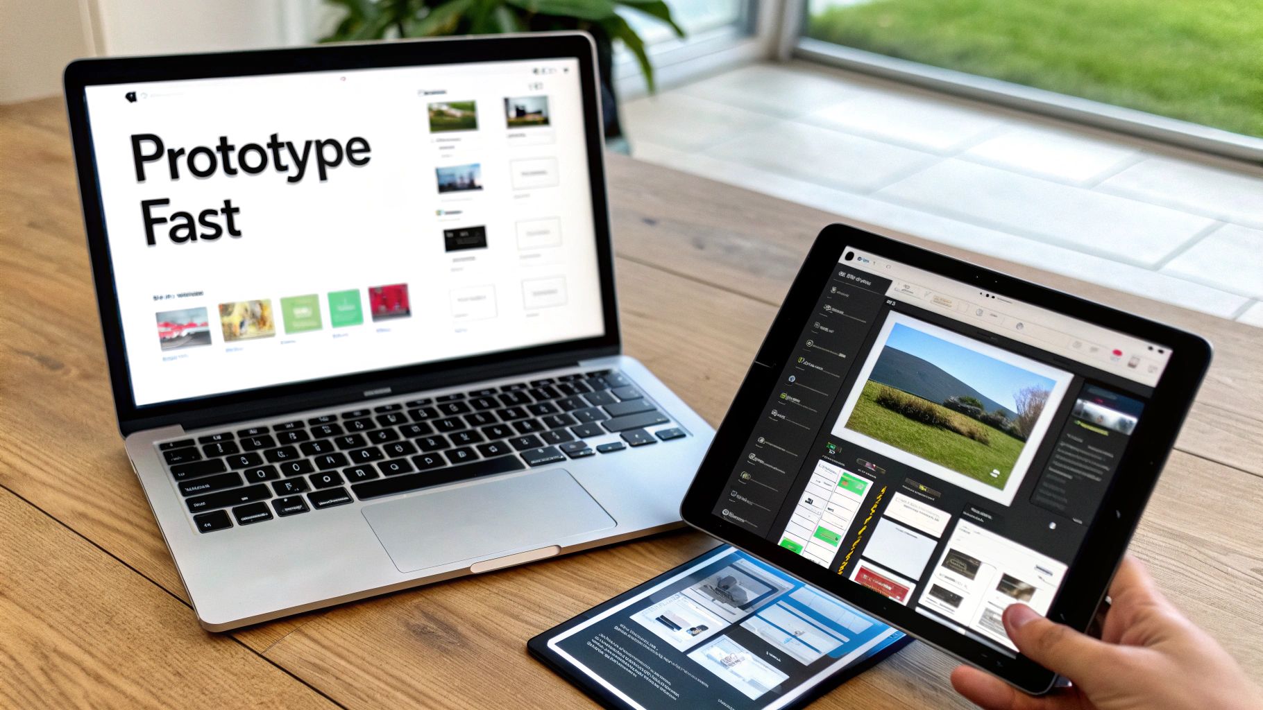 A person prototyping software designs on a laptop, an iPad, and another tablet in a modern office.