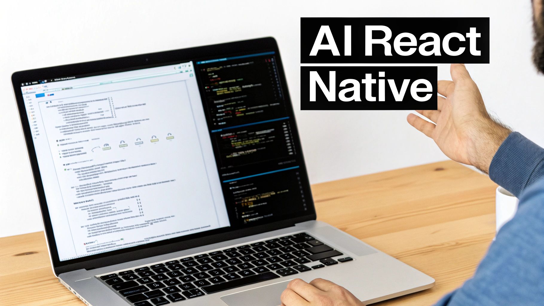 A person codes an AI React Native application on a laptop, showing development and UI.