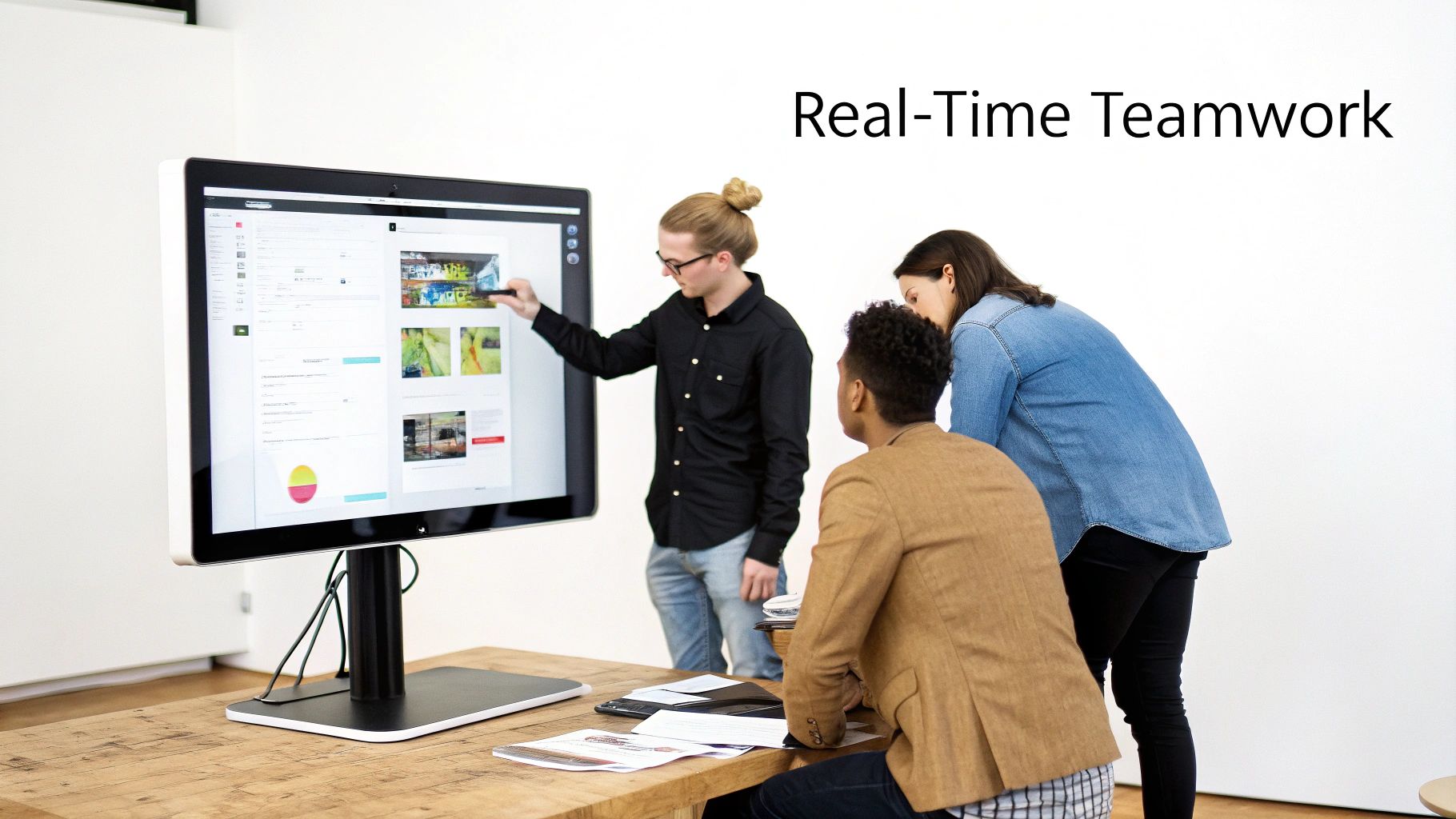 Three colleagues engage in real-time teamwork, discussing visual content on a large interactive monitor.