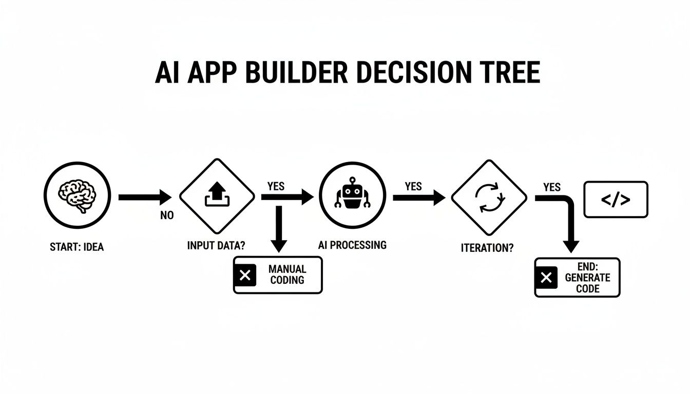 A flowchart titled 'AI APP BUILDER DECISION TREE' outlining steps from idea to code generation.