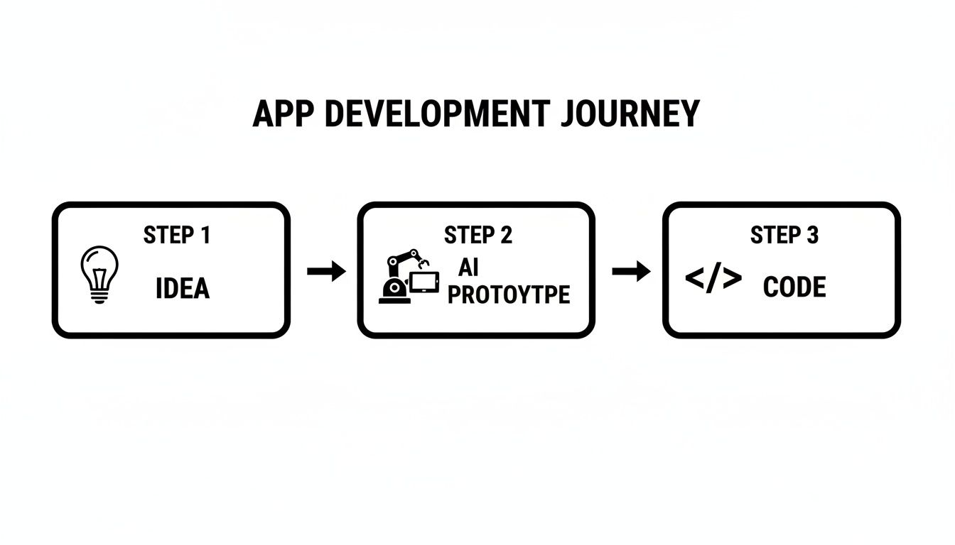 Flowchart illustrating the three steps of app development: Idea, AI Prototype, and Code.