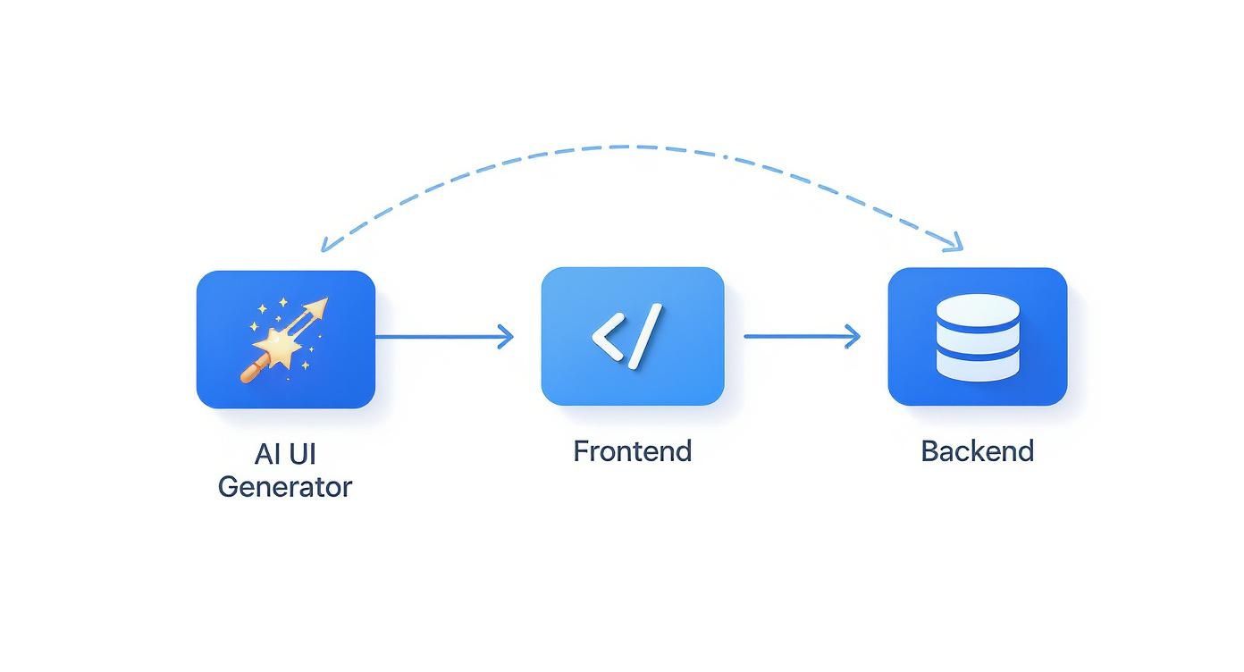 AI UI generator connects to frontend development and backend database in mobile app workflow diagram