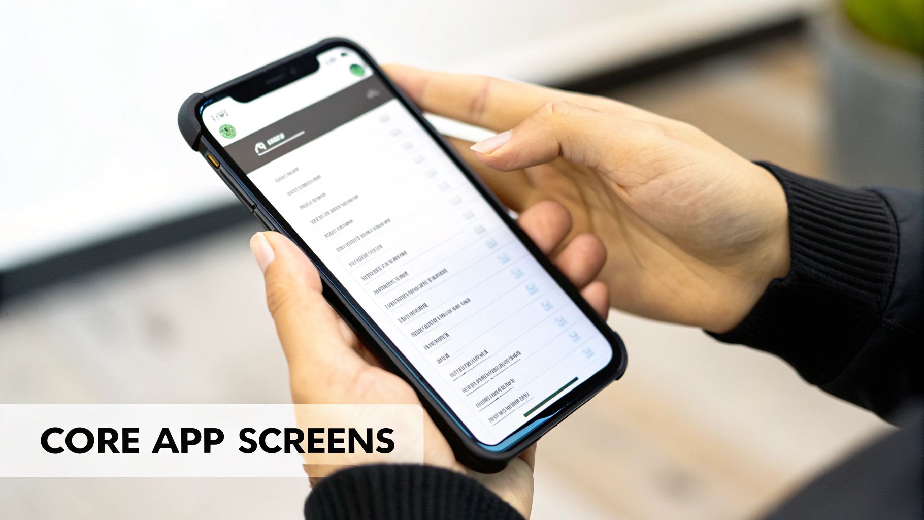 A person holds a smartphone displaying various core app screens with a list interface.