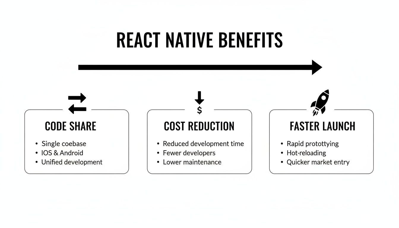Infographic showing React Native benefits: code share, cost reduction, faster launch for mobile apps.