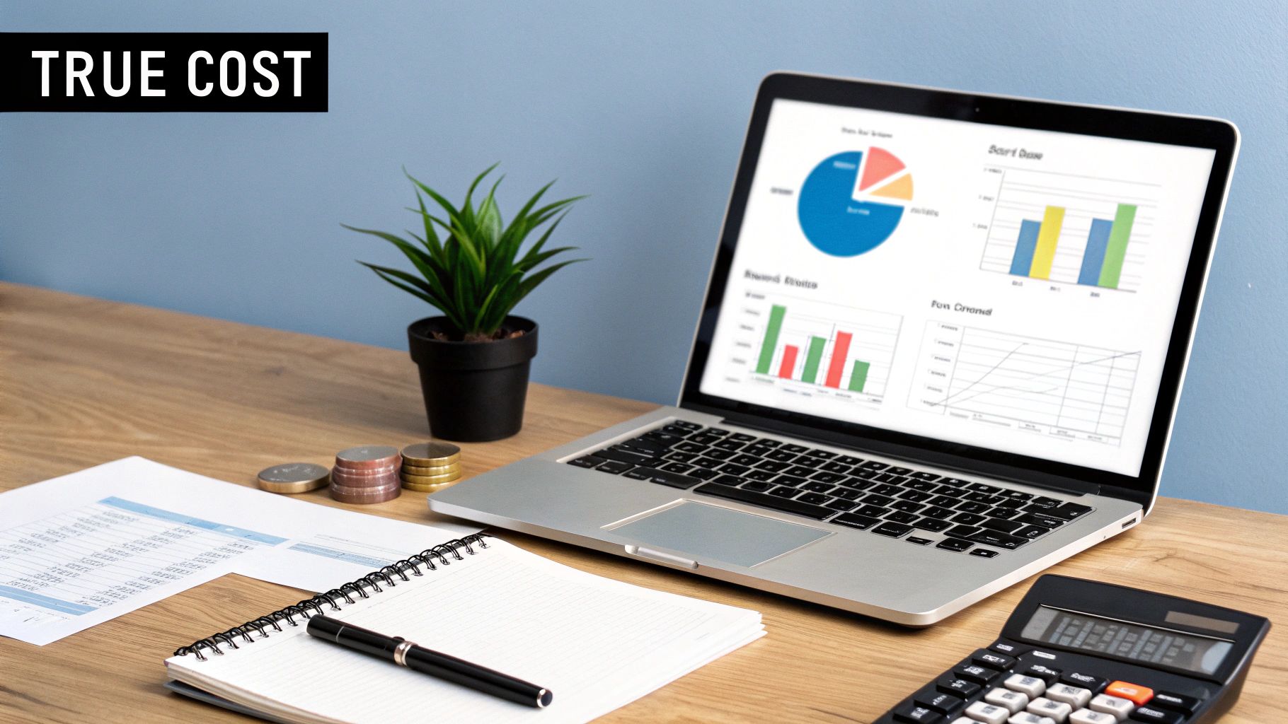 A desk with a laptop displaying financial charts, a calculator, a notepad, coins, and a plant, with 'TRUE COST' text.