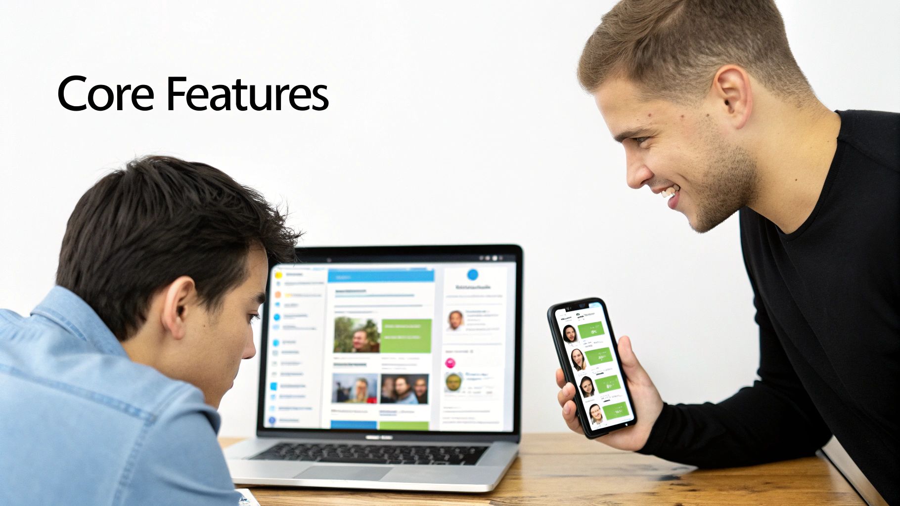 A developer working on code for a social network app, with UI elements visible on the screen.