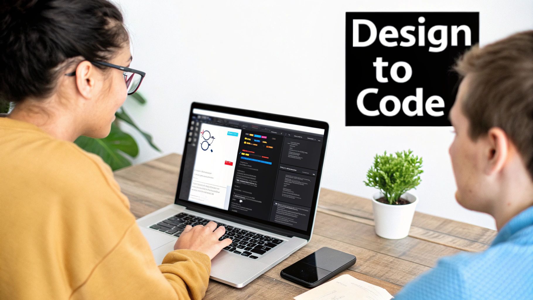 A woman and man working on a laptop, displaying design and code for an app.