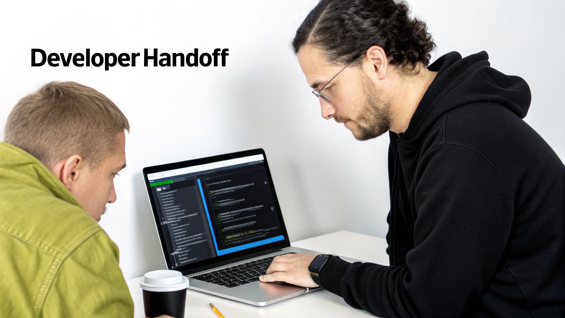 A developer and product manager reviewing code on a laptop together.