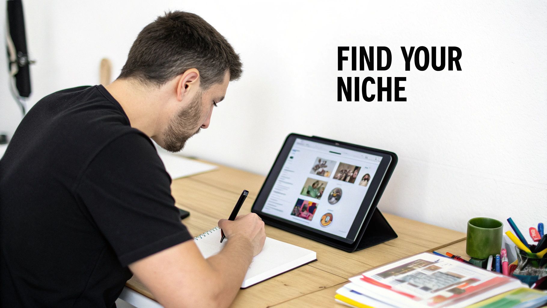 A man writing in a notebook while looking at a tablet on a wooden desk with text 'FIND YOUR NICHE'.