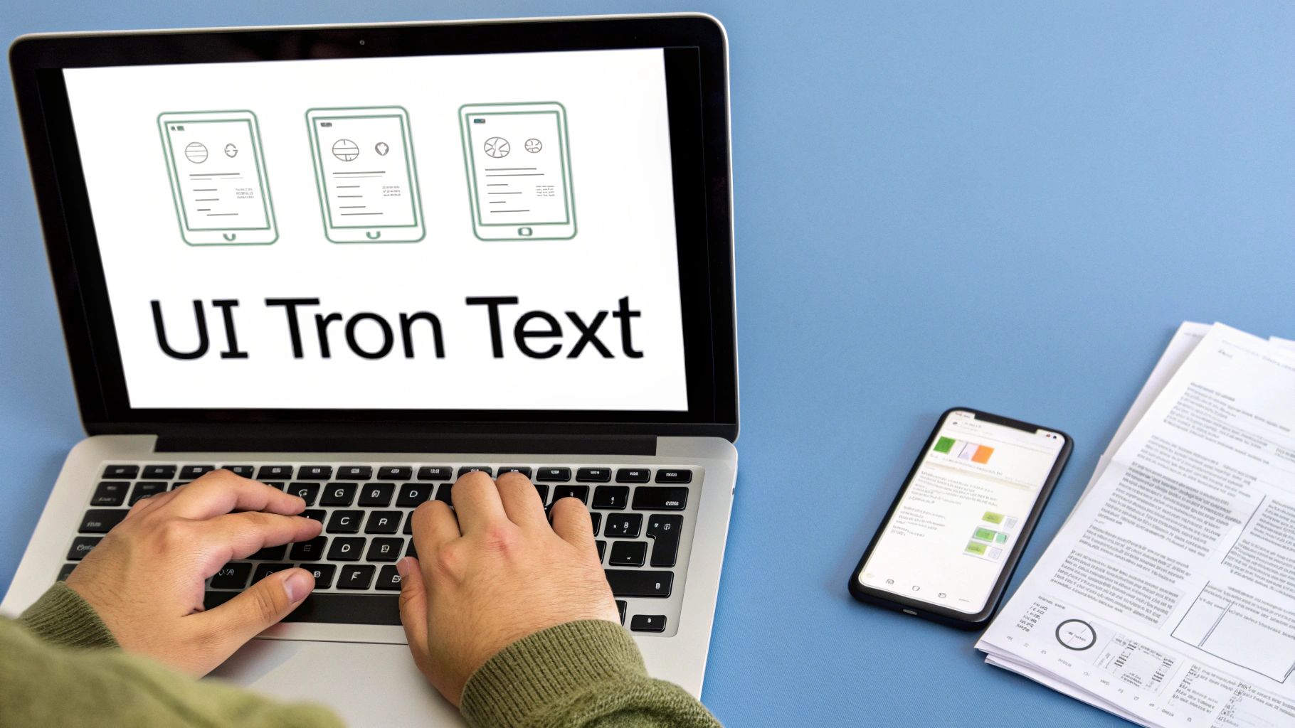 A person types on a laptop displaying mobile UI designs, with a smartphone and documents nearby.