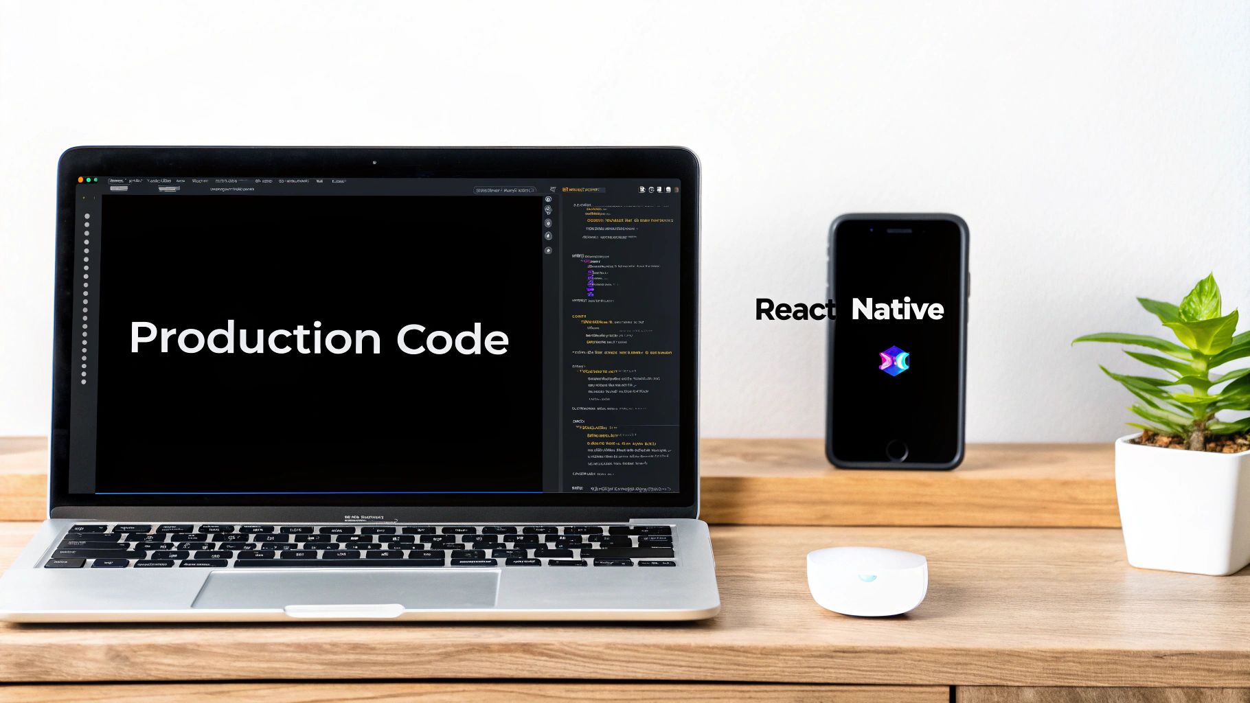 A laptop displays 'Production Code' next to a smartphone showing 'React Native' on a wooden desk.