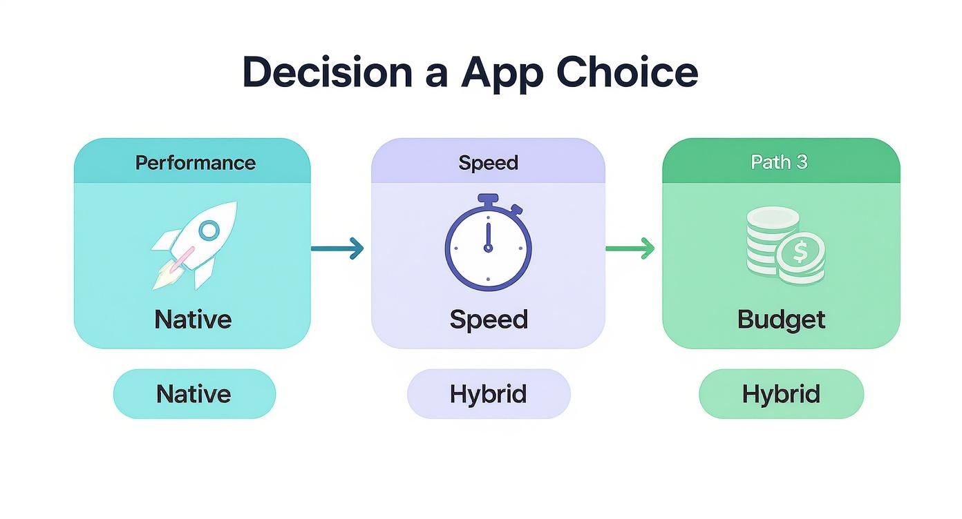 Infographic decision tree comparing native vs hybrid app development based on performance, speed, and budget.