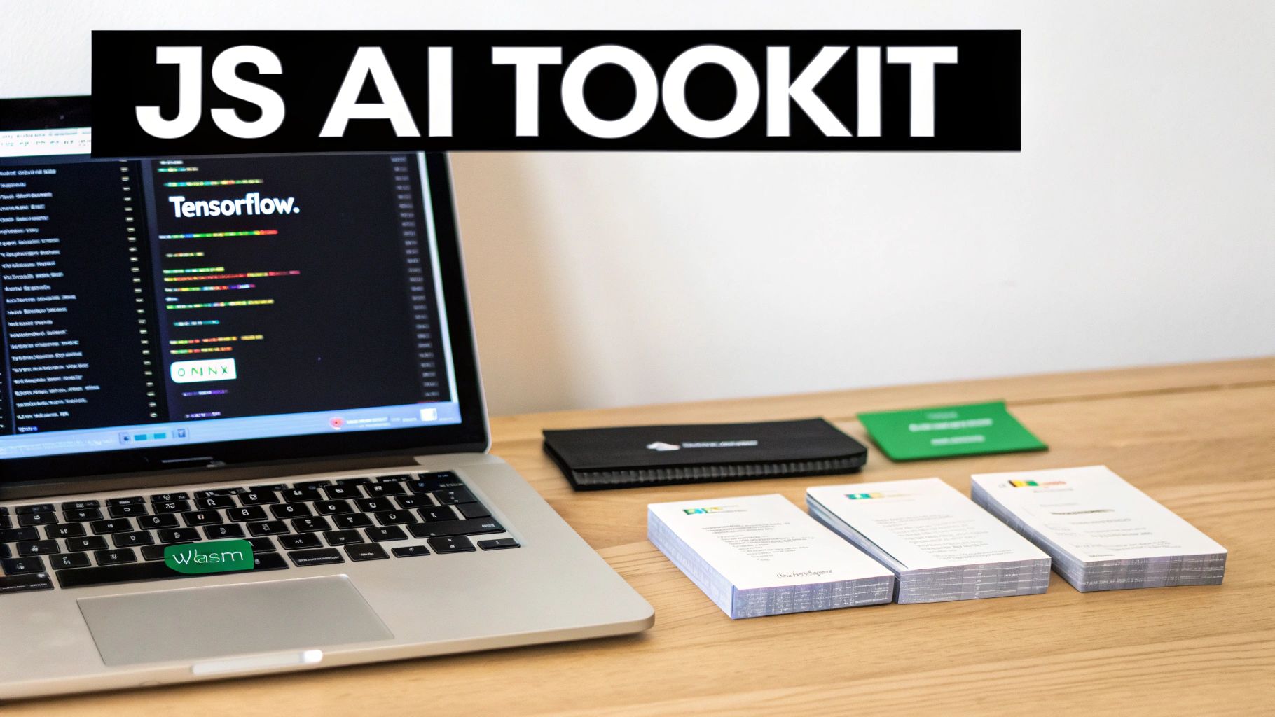 Laptop displaying Tensorflow and ONNX code on screen, with 'JS AI Toolkit' banner. Wlasm sticker and business cards on desk.