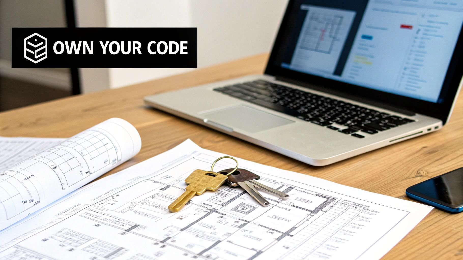 A laptop, architectural plans, and keys on a wooden desk, with a banner stating 'OWN YOUR CODE'.