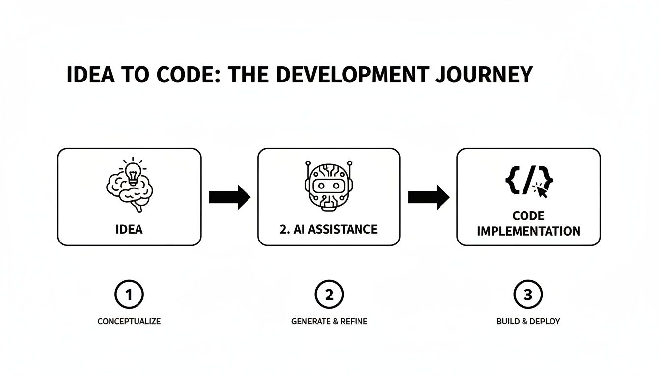A diagram illustrating the idea to code development journey with AI assistance in three steps.