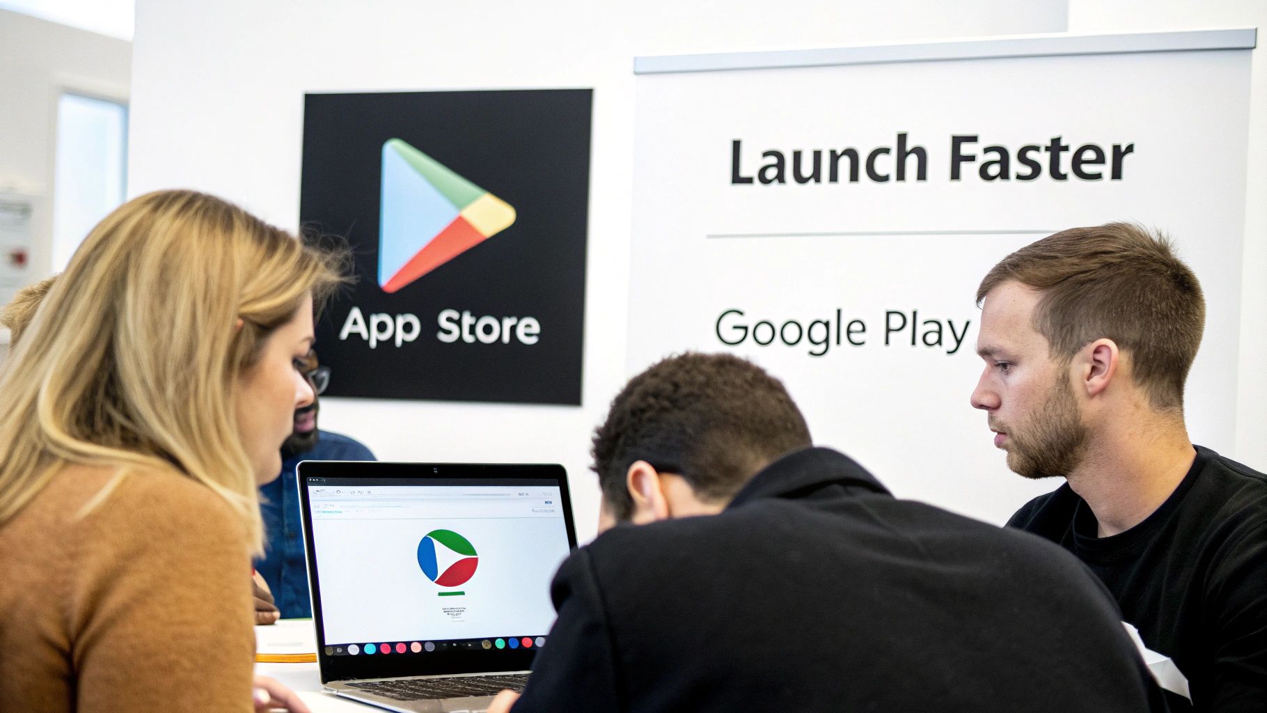 A team reviews a laptop with a colorful logo, alongside Google Play and App Store signs.