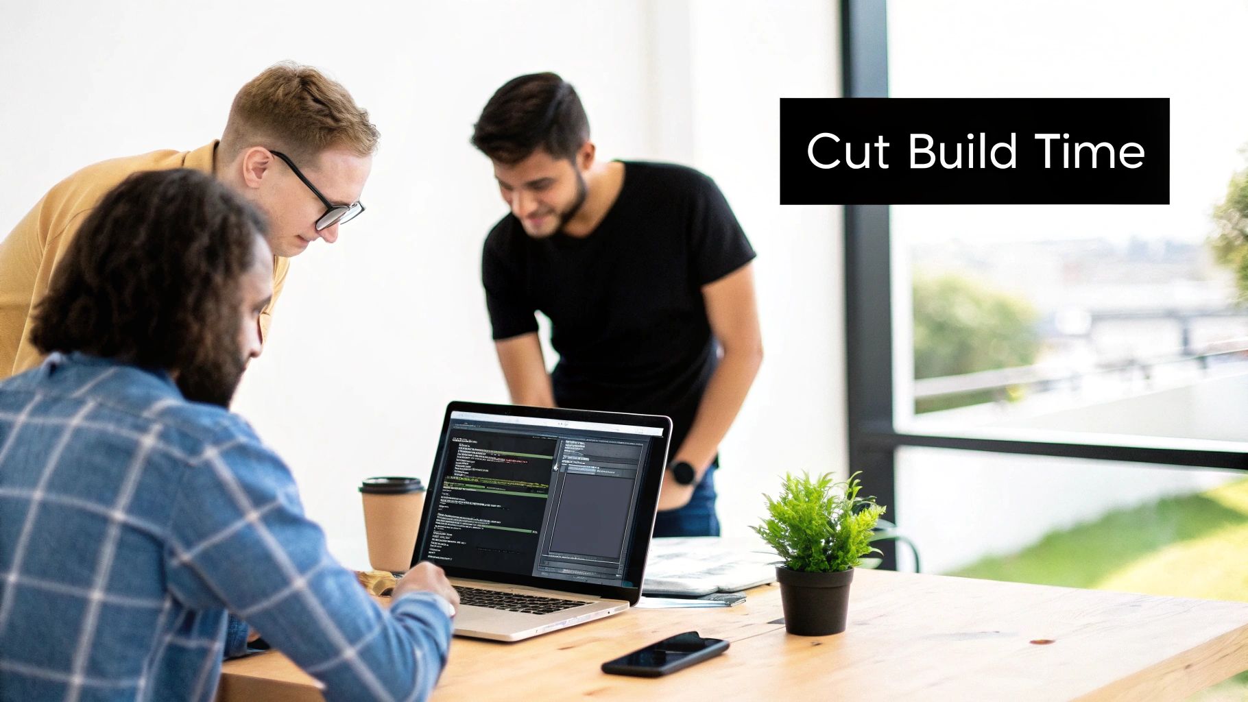 A developer working on a laptop with code on the screen, representing an agency environment.