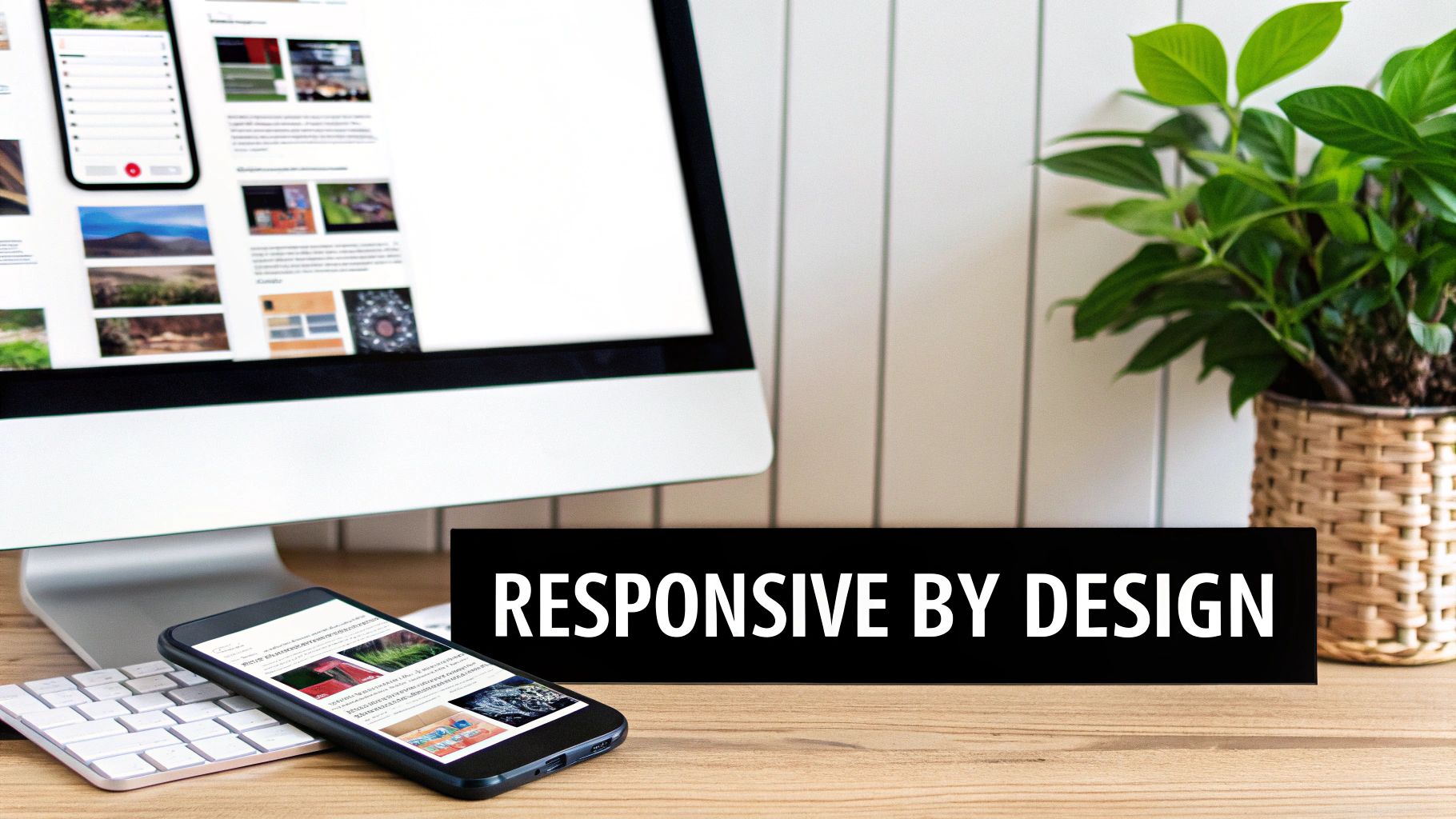A desktop monitor and a smartphone display a responsive website design with a "RESPONSIVE BY DESIGN" banner.