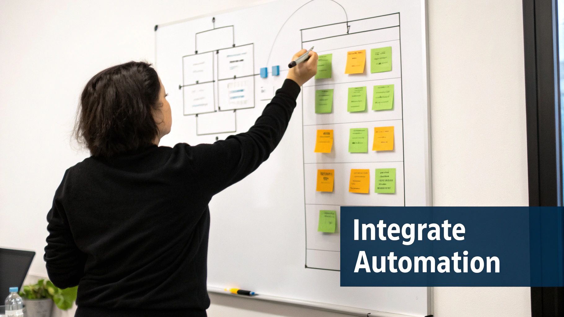 A person draws a flowchart on a whiteboard filled with colorful sticky notes and diagrams.
