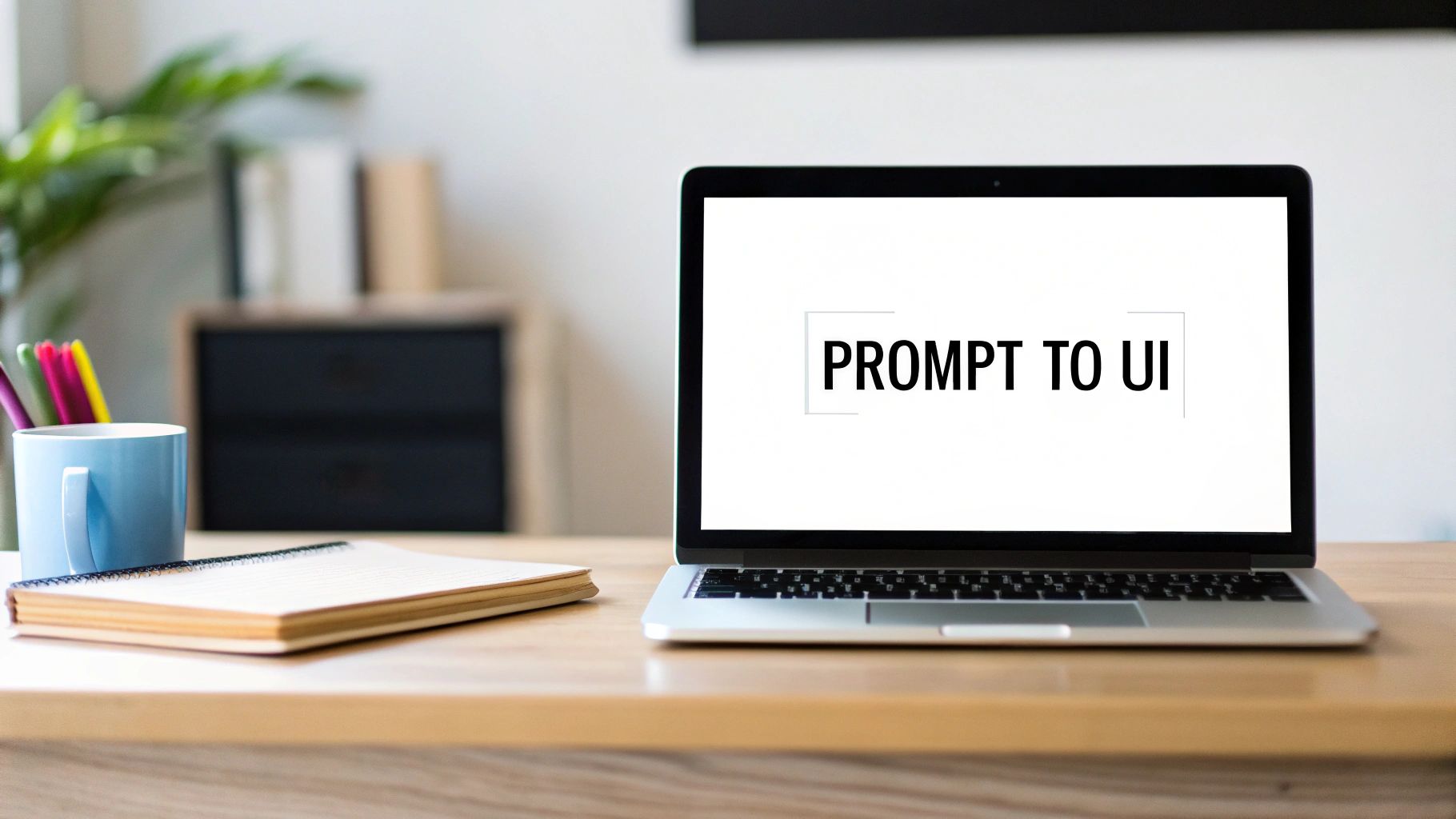 Laptop displaying prompt to UI text on screen with notebook and coffee on desk