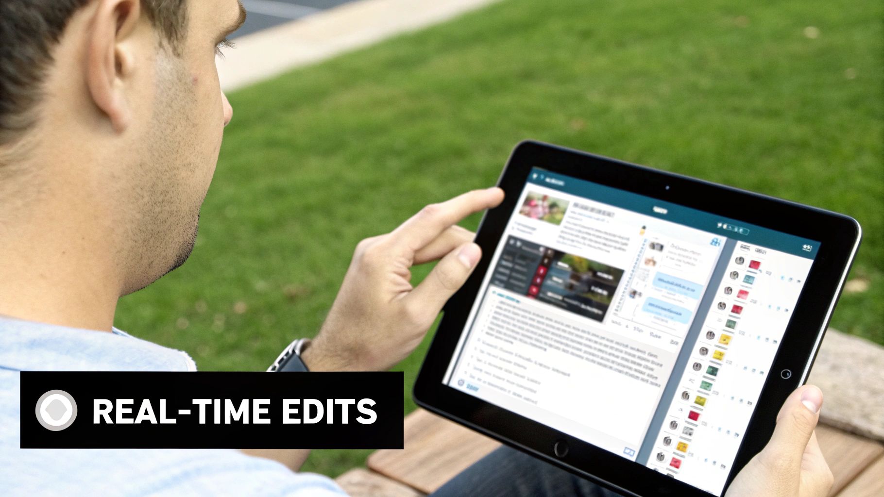 Person using tablet outdoors demonstrating real-time collaborative editing features on mobile application interface