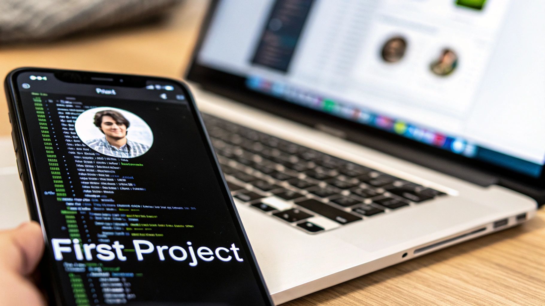 A hand holds a smartphone displaying a 'First Project' app with code and a profile picture, next to a laptop.