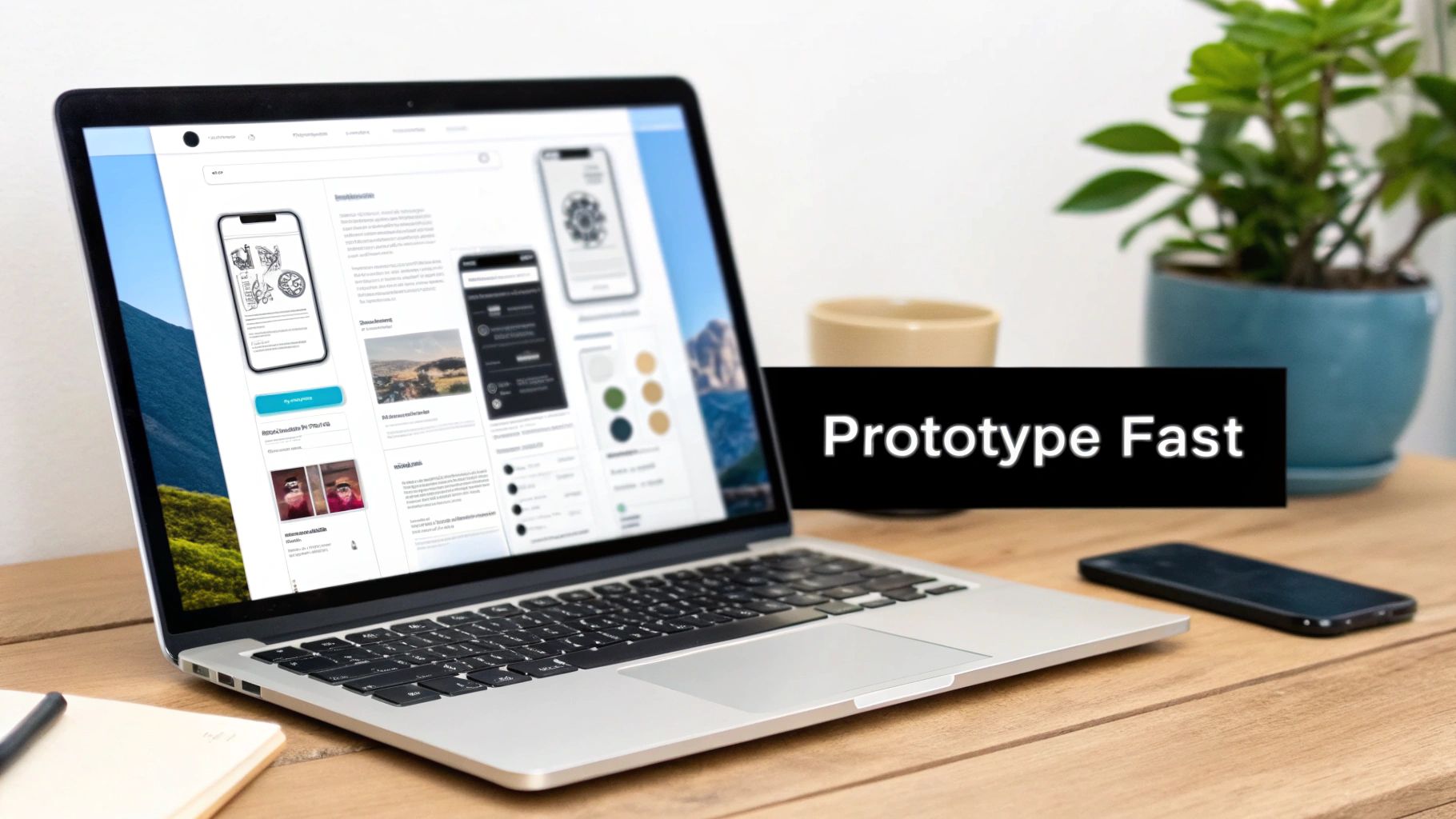 A silver laptop showing app development designs, a smartphone, and a plant on a wooden desk.