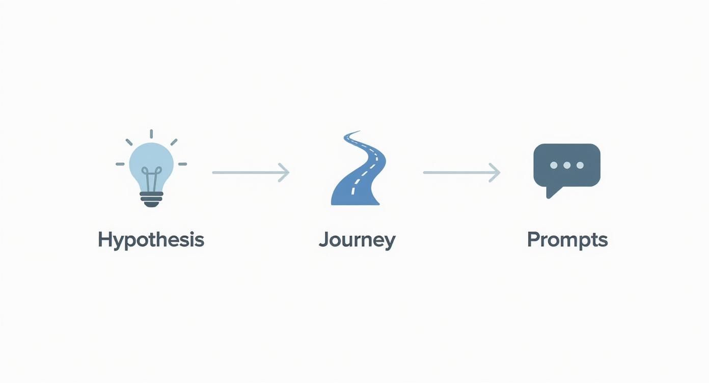 Infographic showing the process flow from defining a hypothesis, to mapping the user journey, to writing chat prompts for a prototype.