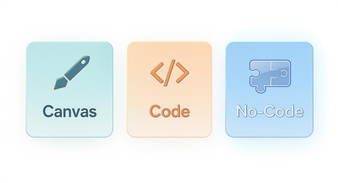 Three development approach cards showing Canvas with paintbrush icon, Code with brackets, and No-Code with puzzle piece
