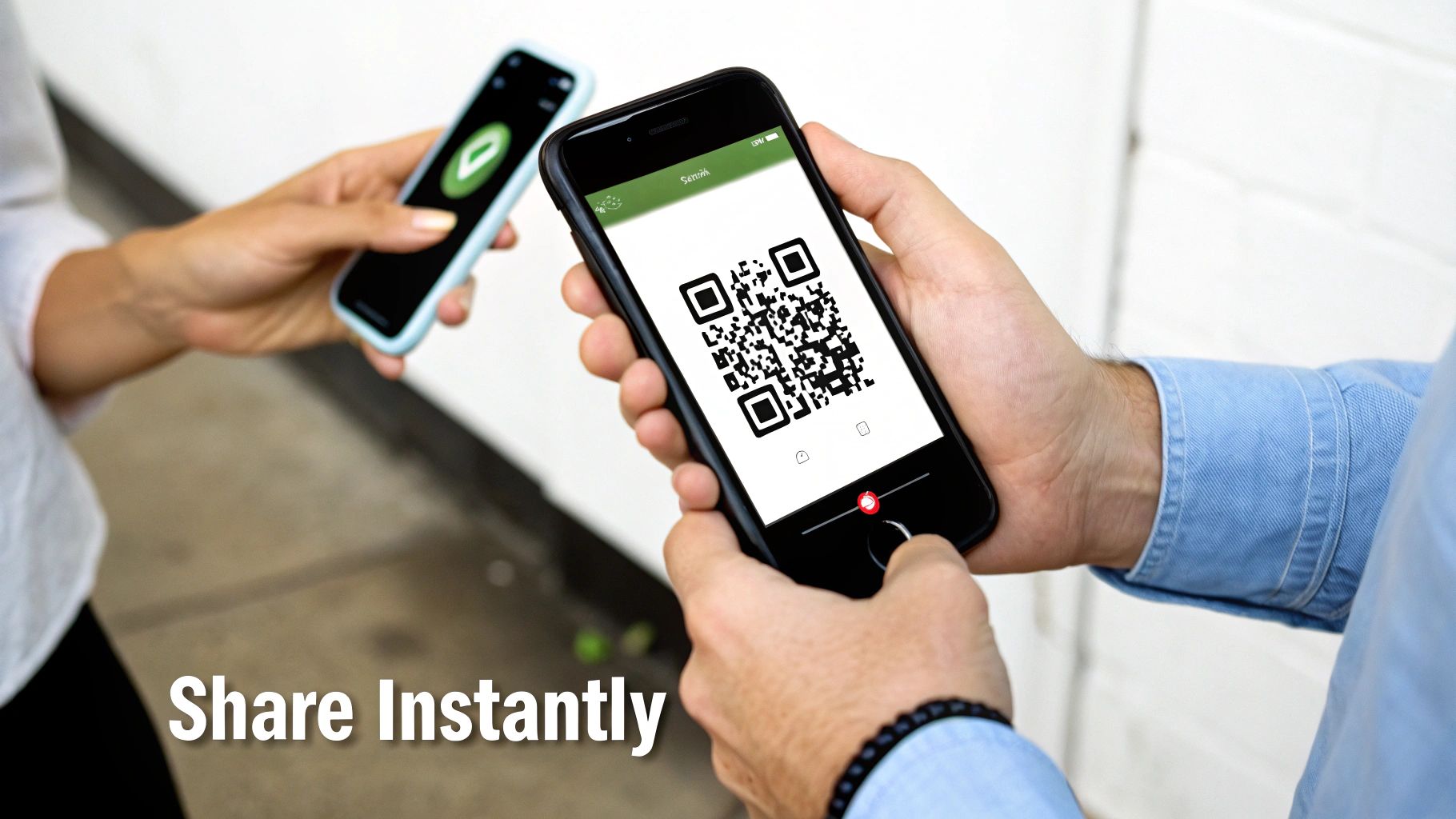 Two people sharing information instantly between smartphones, one displaying a QR code, the other a green checkmark.