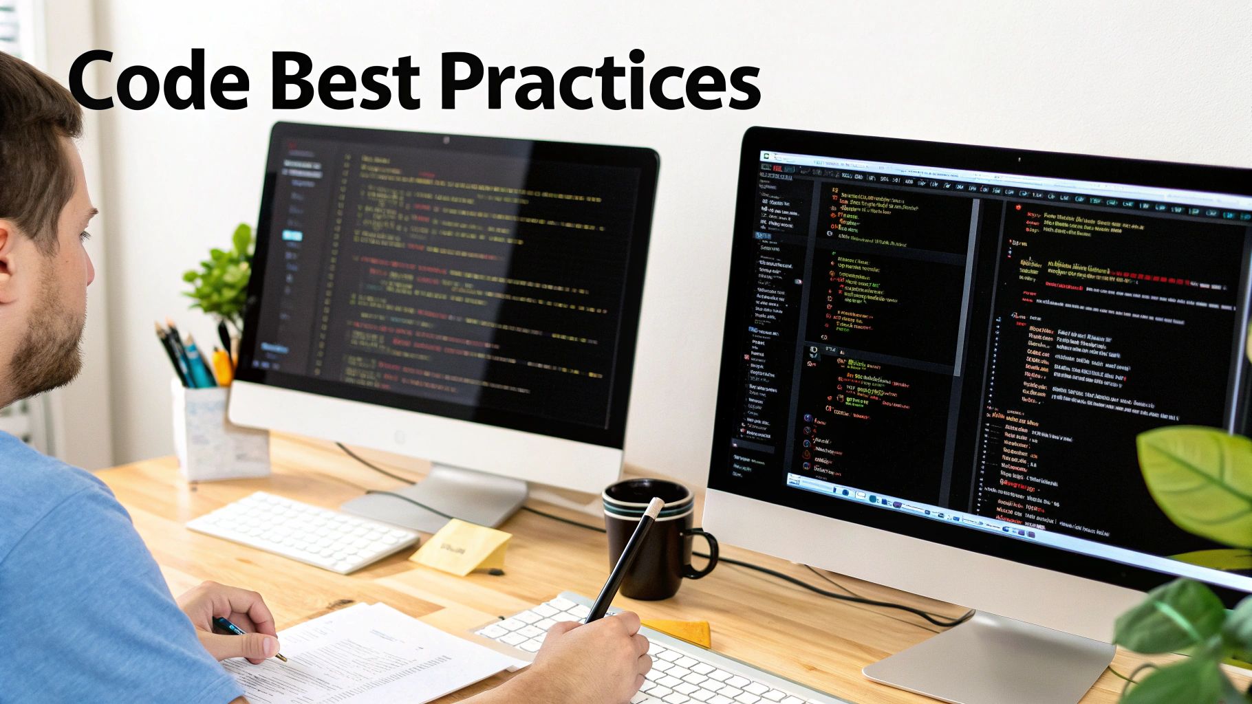A man coding at a desk with two monitors displaying "Code Best Practices" and software code.