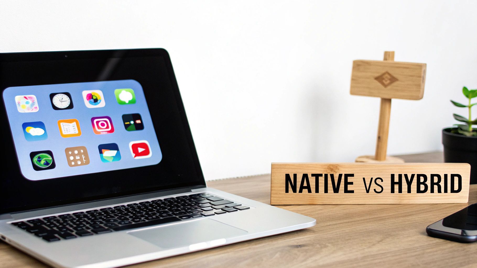 A developer at a crossroads, representing the choice between native and hybrid app development.