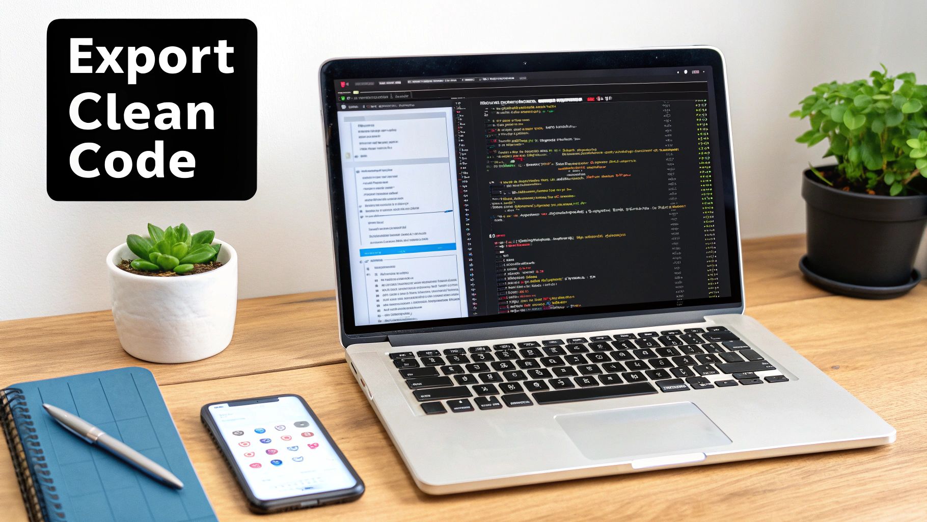Laptop displaying code on a clean wooden desk with plants, notebook, pen, and a smartphone next to a sign saying 'Export Clean Code'.