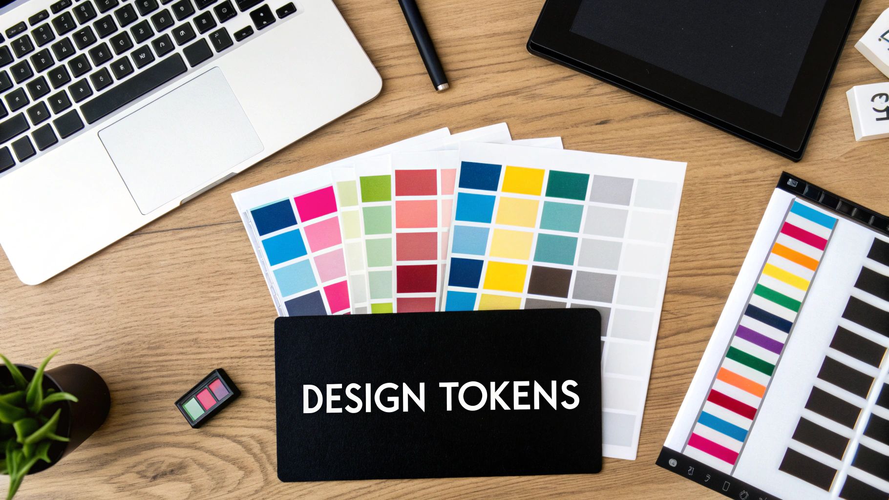 Overhead shot of a design workspace with a laptop, color swatches, and a 'DESIGN TOKENS' card.