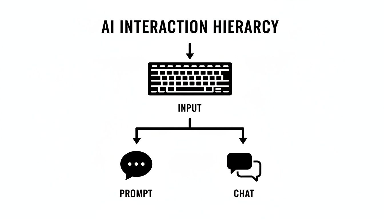 Diagram illustrating the AI interaction hierarchy, showing input via keyboard leading to prompt and chat.