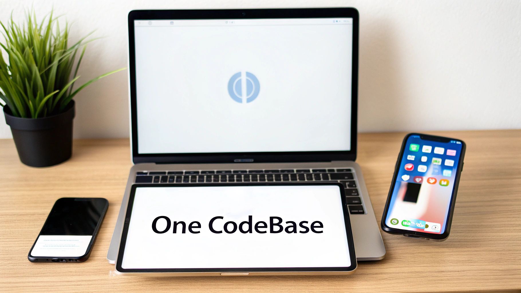 A professional workspace displaying cross-platform development with a laptop, tablet showing "One CodeBase", and two smartphones.