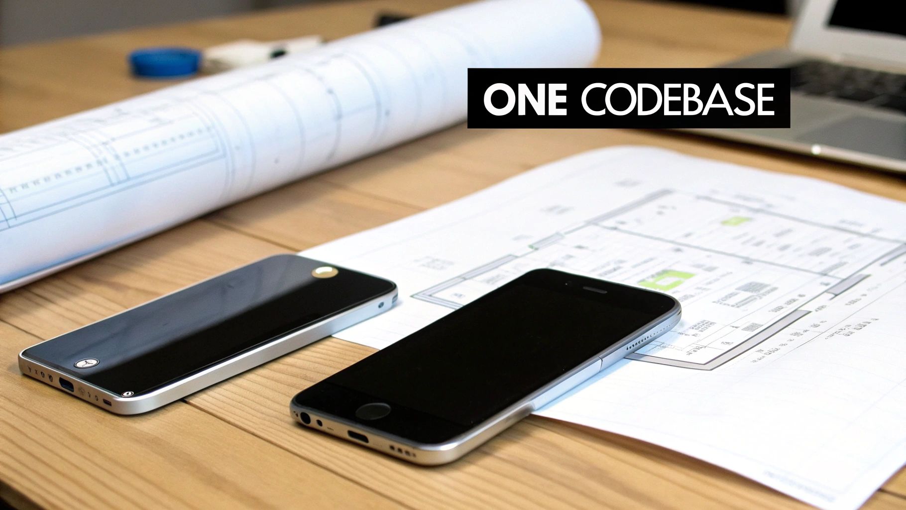 Two smartphones, rolled blueprints, and 'ONE CODEBASE' text on a wooden office desk.