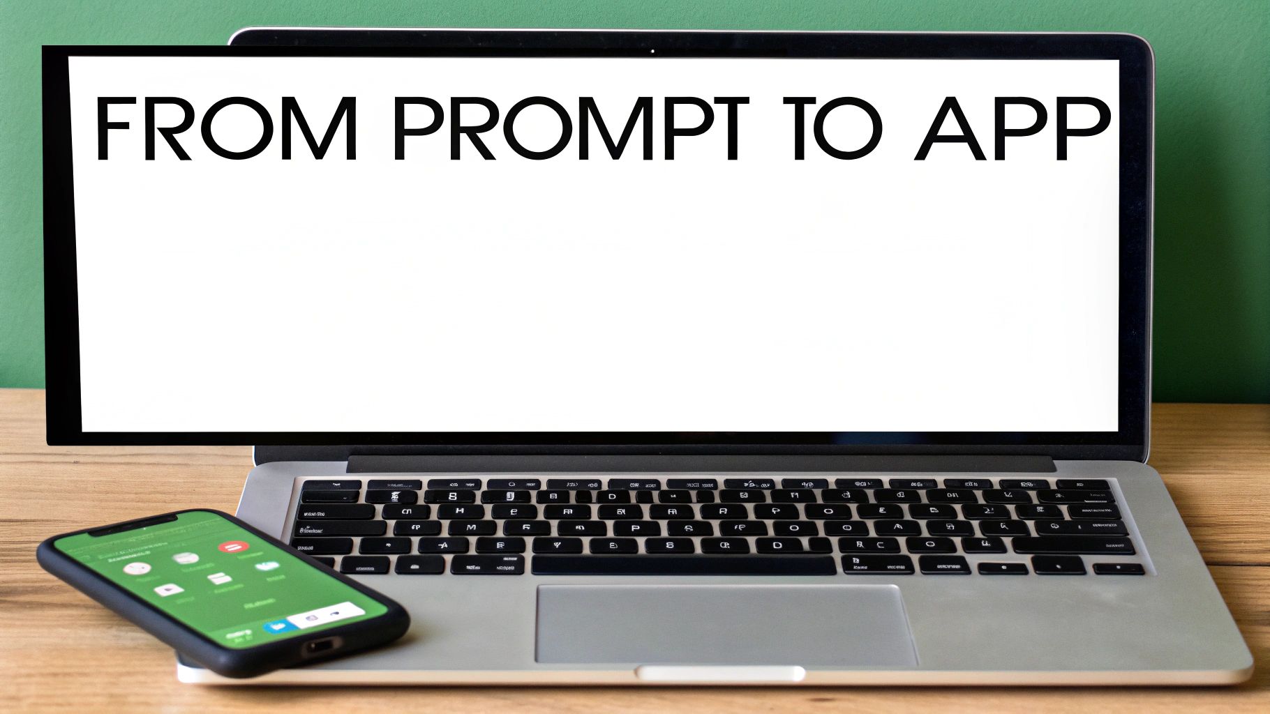 A laptop displays 'FROM PROMPT TO APP' text with a smartphone on a wooden desk.