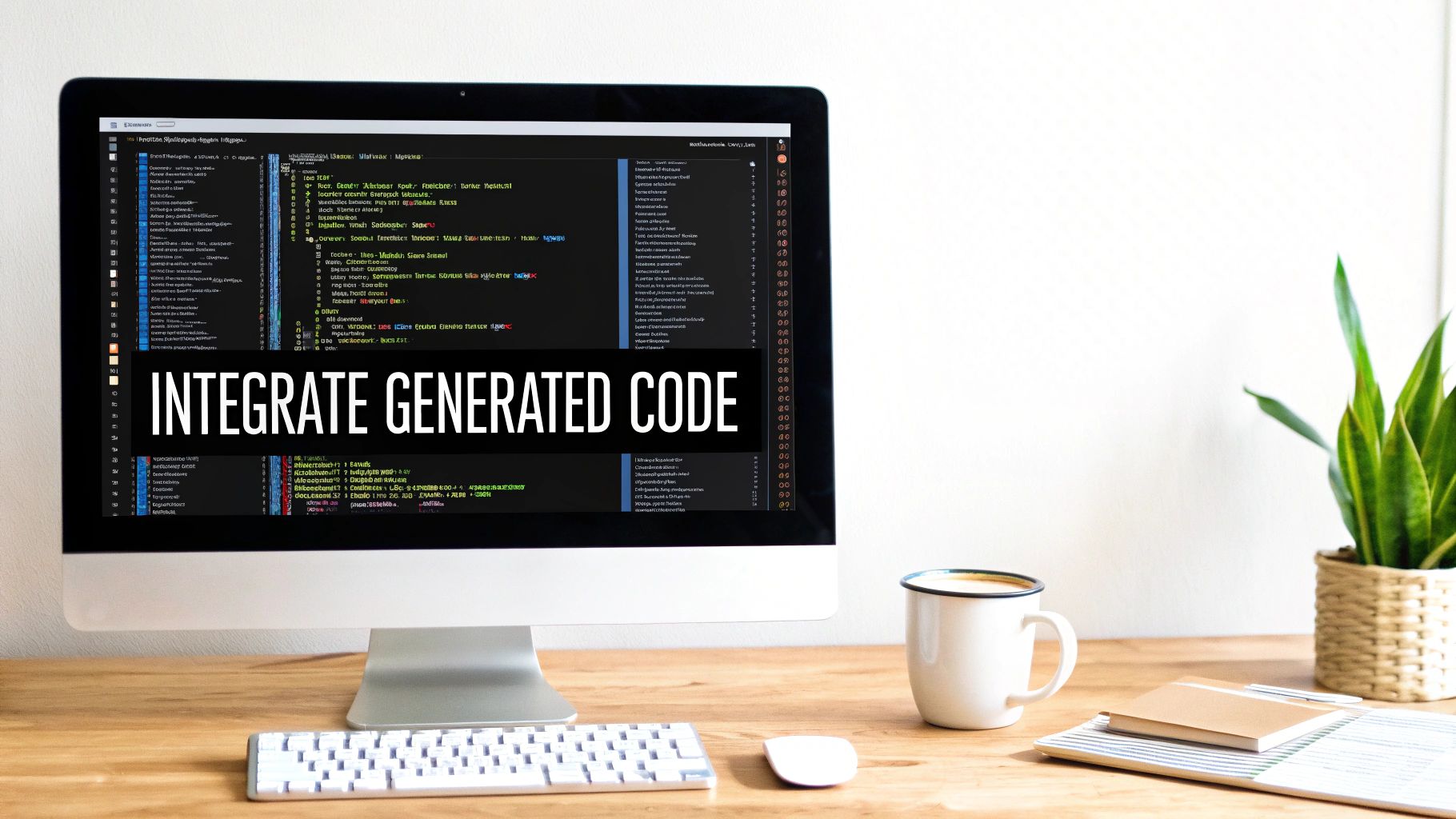 A modern workspace with a monitor displaying code and the text 'INTEGRATE GENERATED CODE', keyboard, coffee, and a plant.