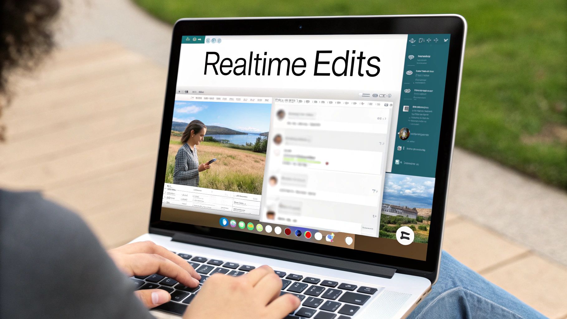 A person using a laptop outdoors, displaying 'Realtime Edits' and an image of a woman.