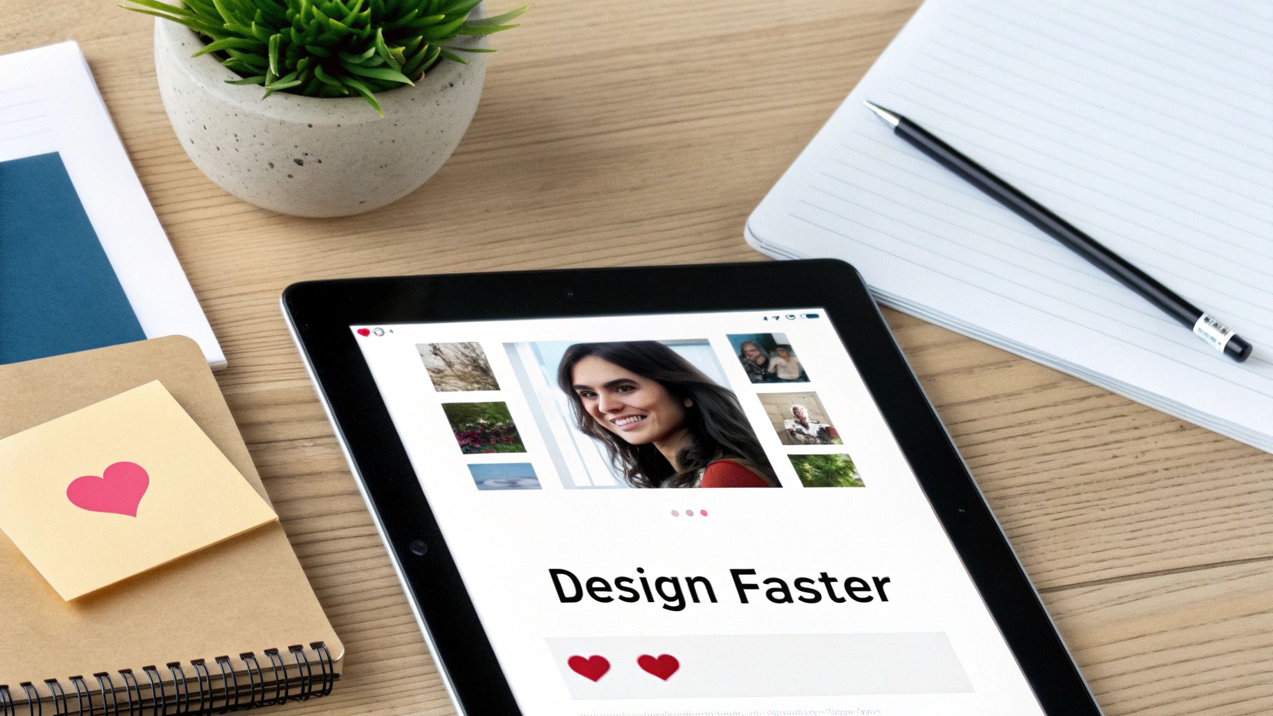 A top-down view of a modern workspace featuring a tablet displaying a design interface, notebooks, a plant, and a pen.