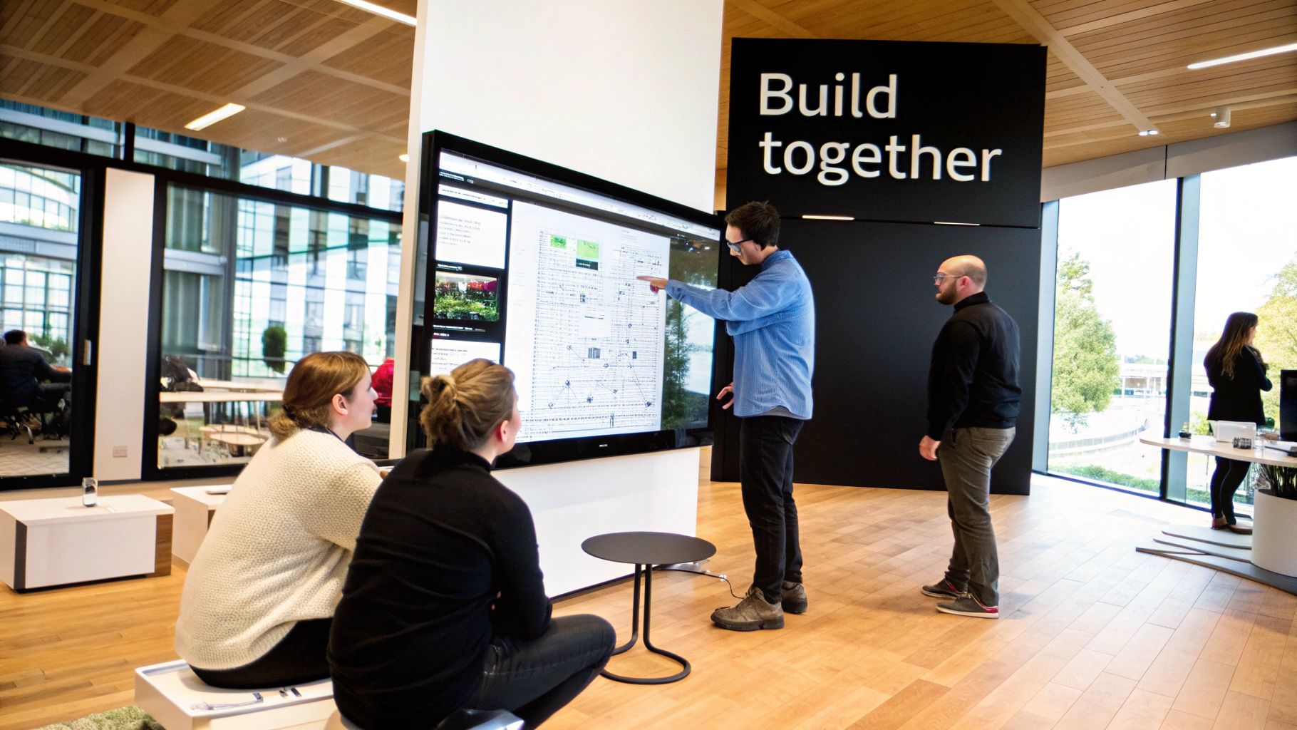 Team of professionals collaborating around a large interactive screen in a modern office.