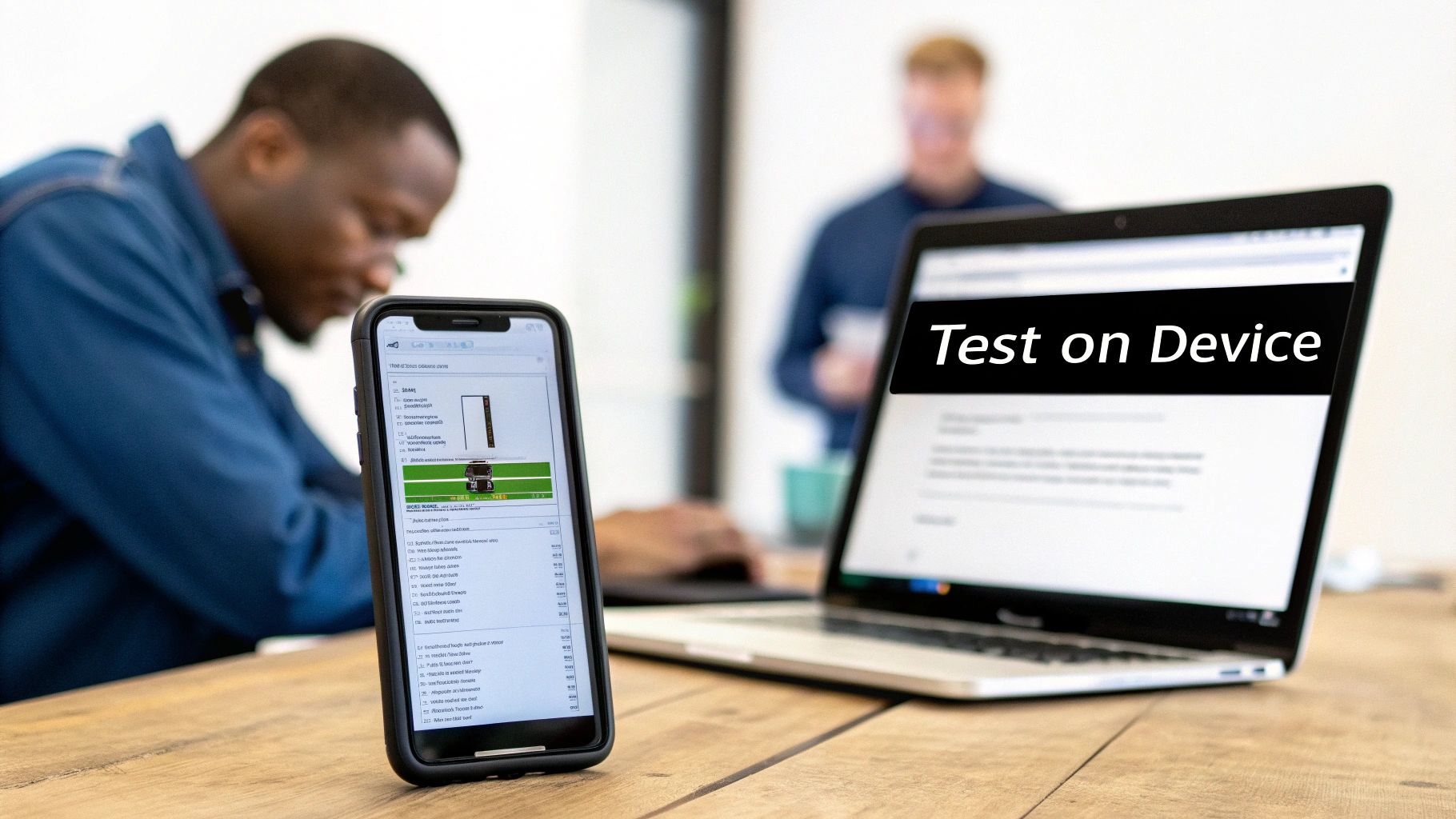 Developer testing mobile app on smartphone while laptop displays test on device interface