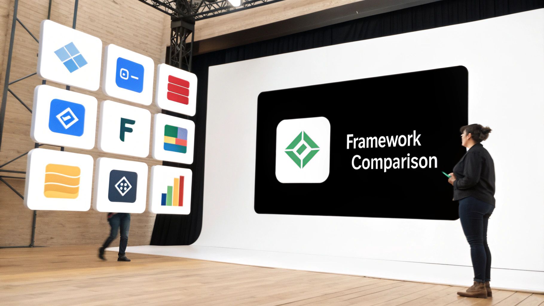 A team collaborating around a whiteboard, pointing to charts showing accelerated growth and efficiency.