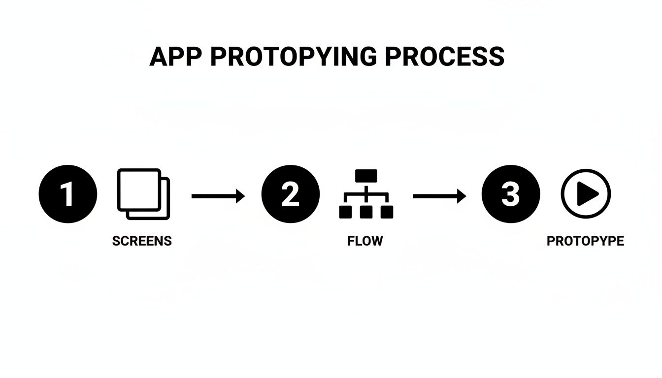 A diagram illustrating the app prototyping process, showing steps from screens to flow and prototype.