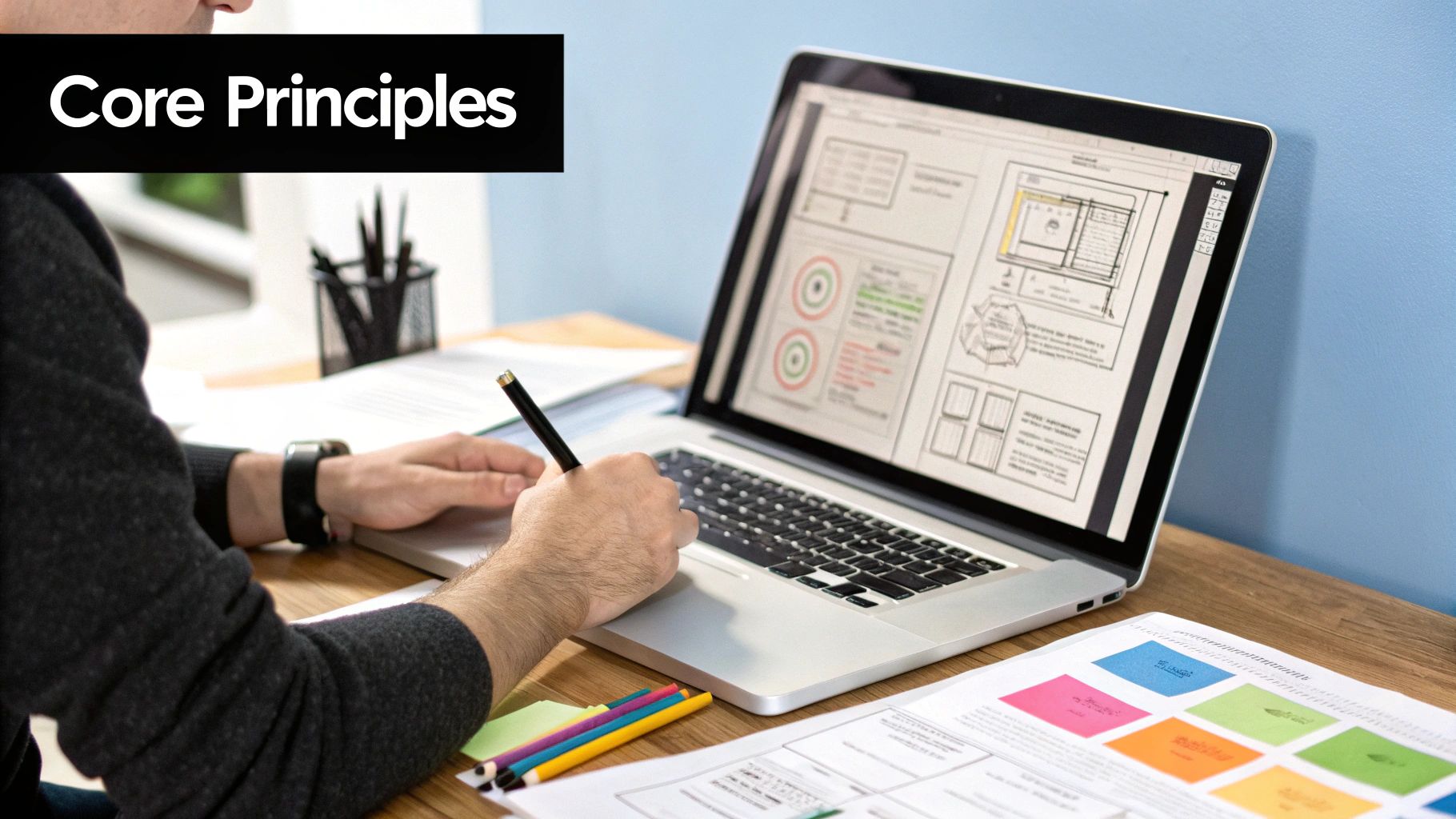 A designer carefully arranging UI elements on a screen, symbolizing the construction of a user interface.